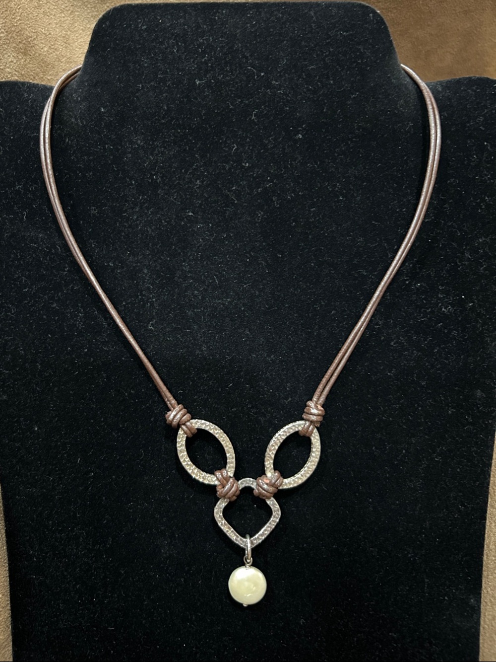 Hammered Sterling Silver, Coin Pearl and Brown Leather Necklace
